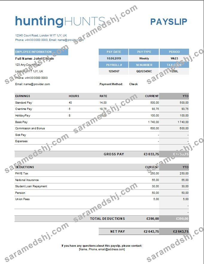 hunting company paystub template in Excel and PDF formats